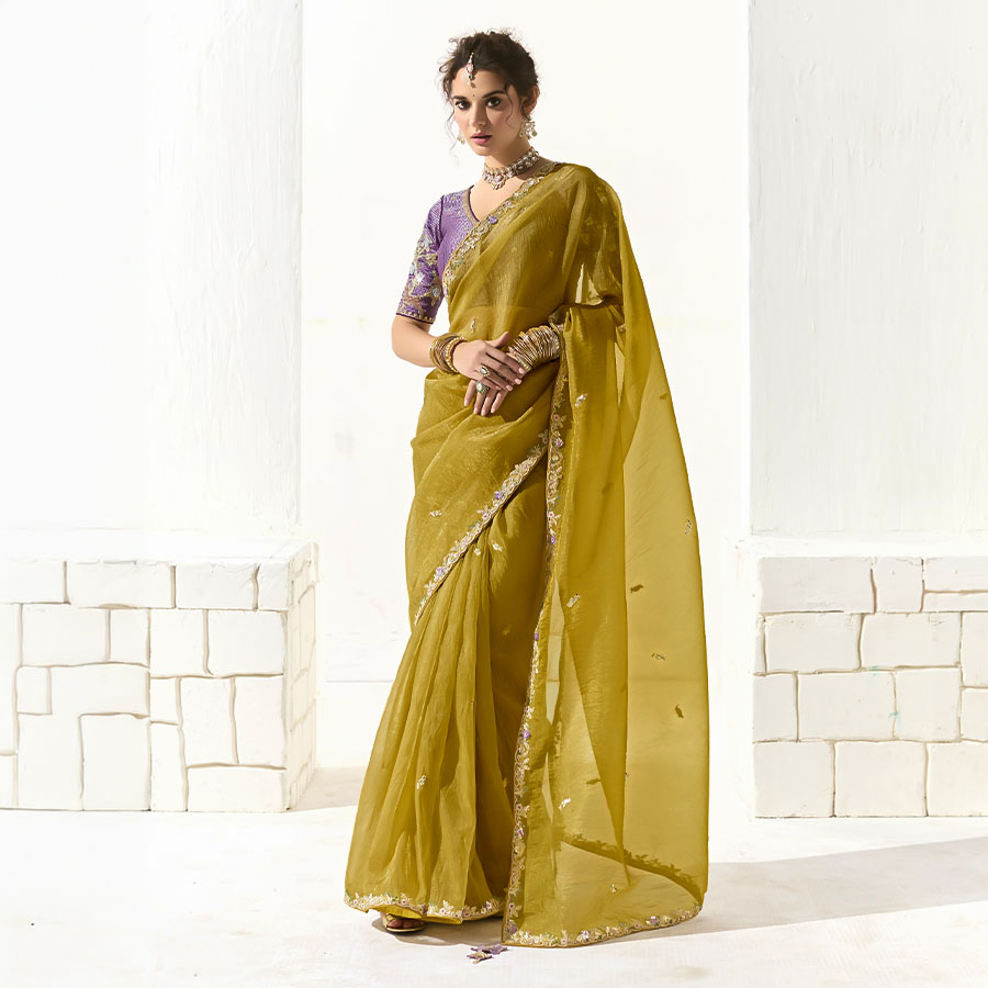 Yellow Organza Tissue Party Wear Saree