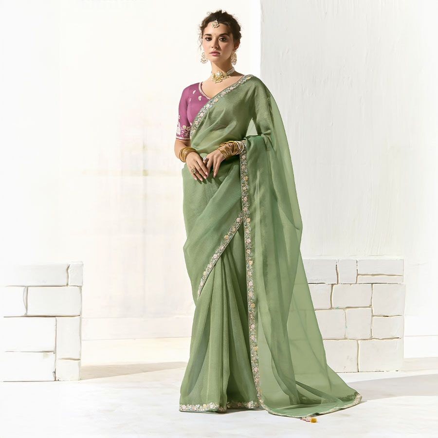 Green  Organza Tissue Party Wear Saree