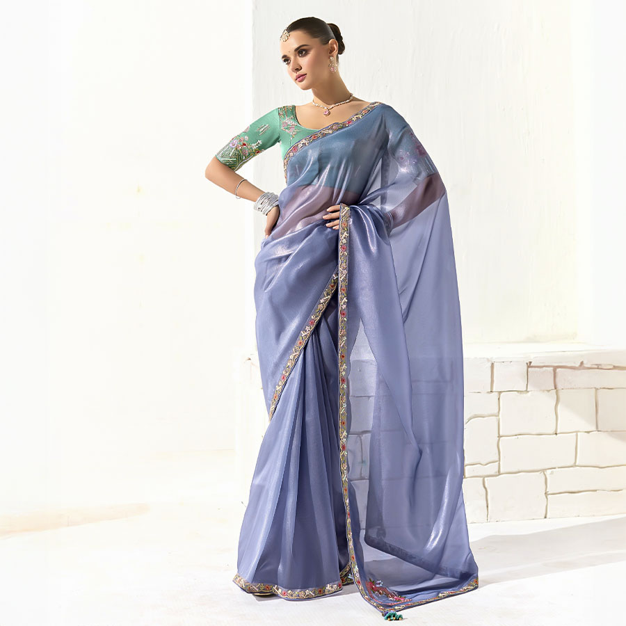 Purple  Organza Tissue Party Wear Saree