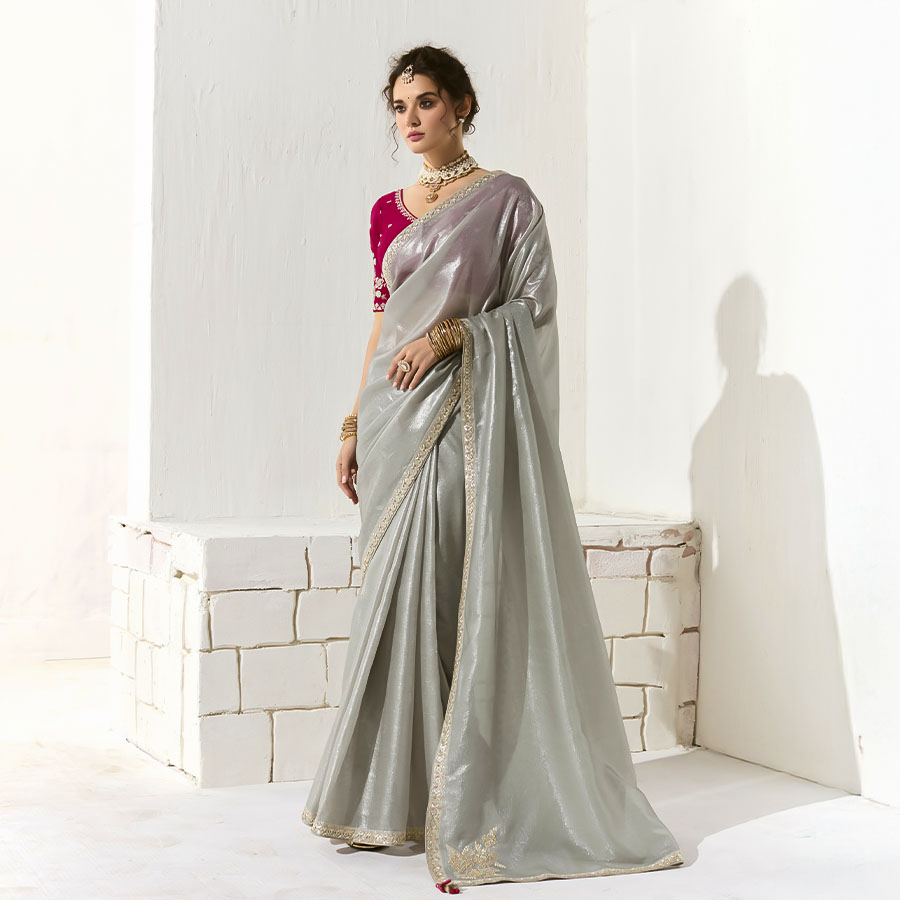 Grey  Organza Tissue Party Wear Saree