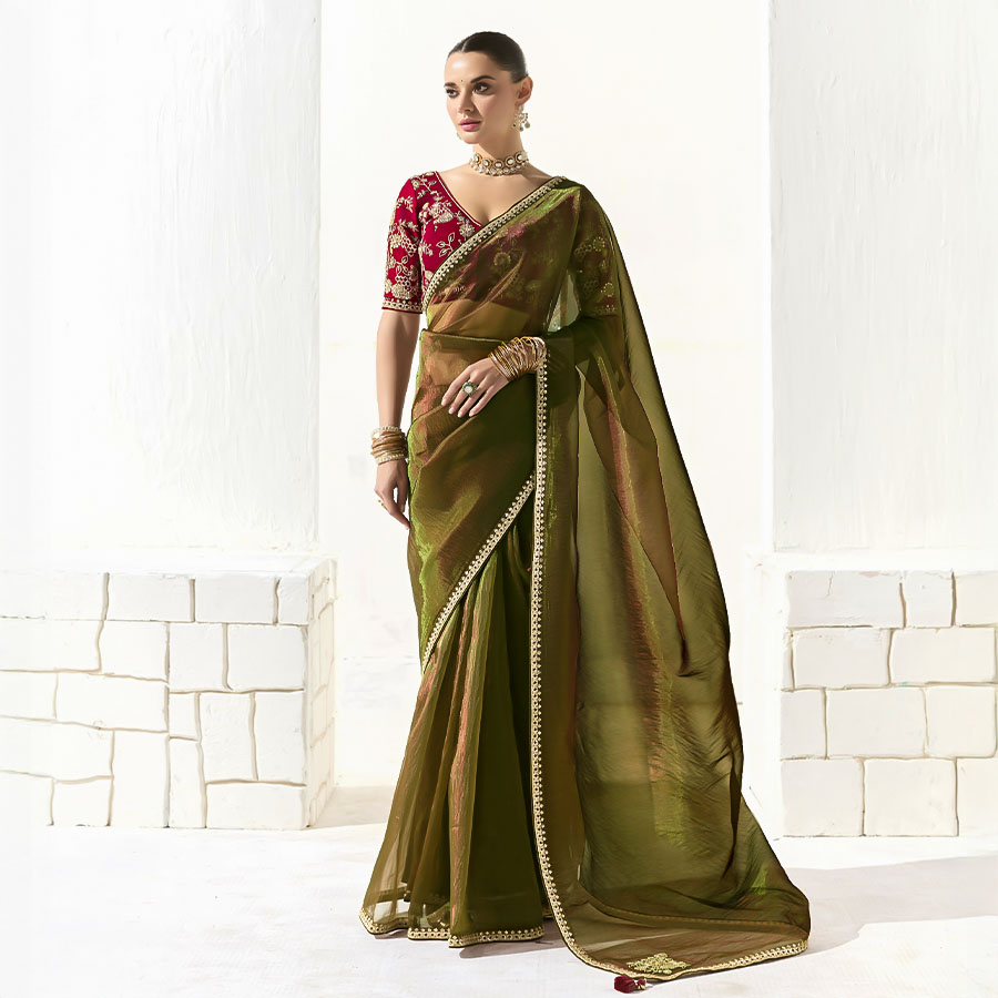 Green  Organza Tissue Party Wear Saree