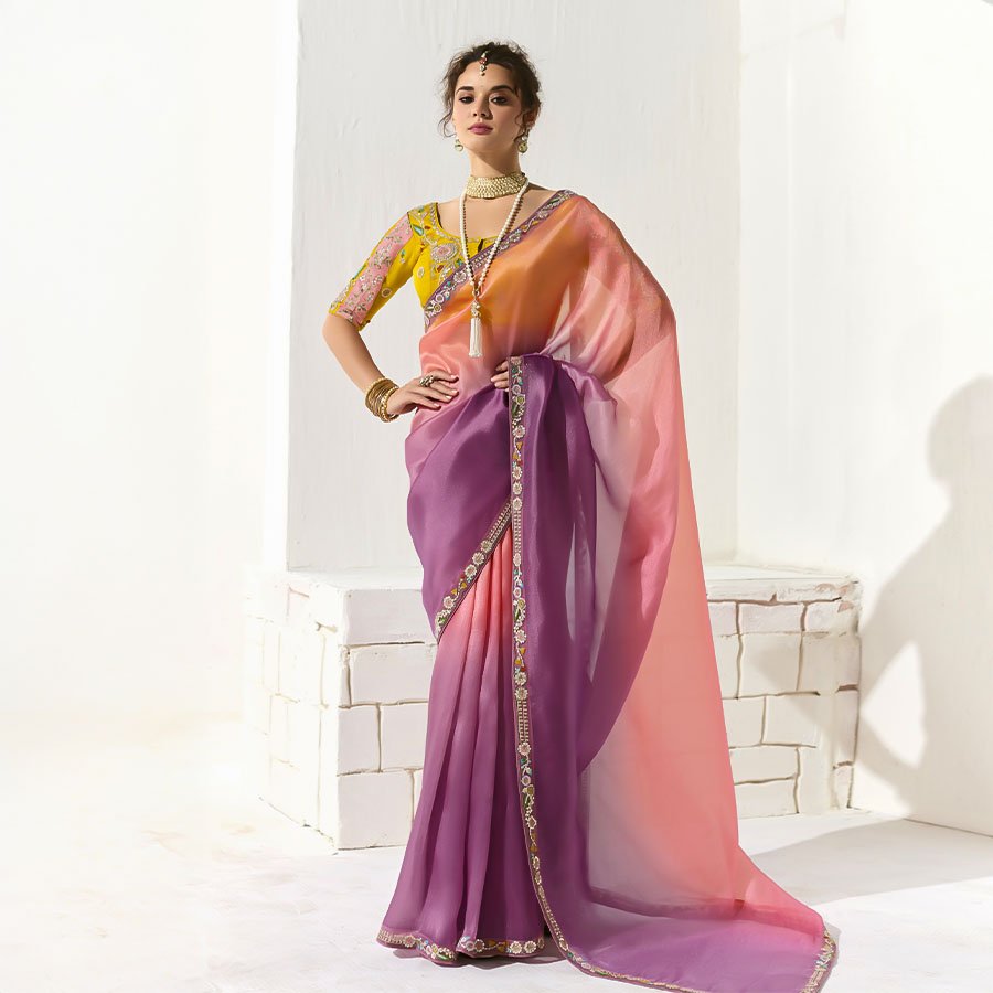 Orange  Organza Tissue Party Wear Saree