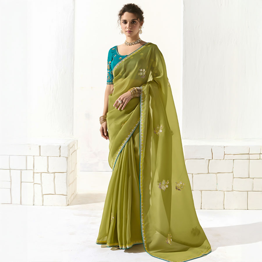 Green  Organza Tissue Party Wear Saree