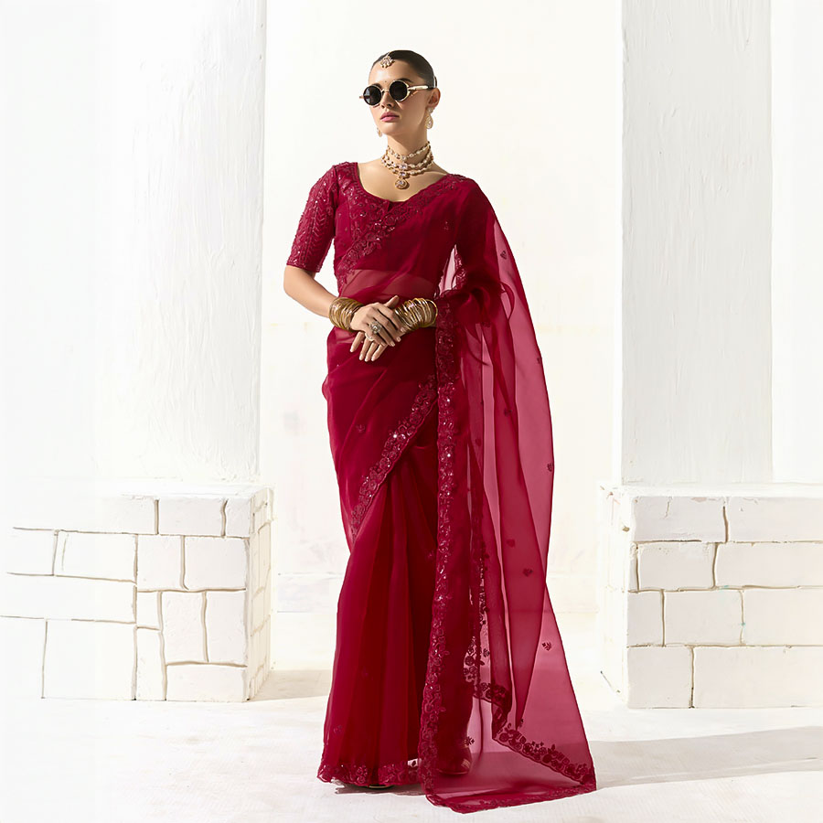 Red Organza Tissue Party Wear Saree