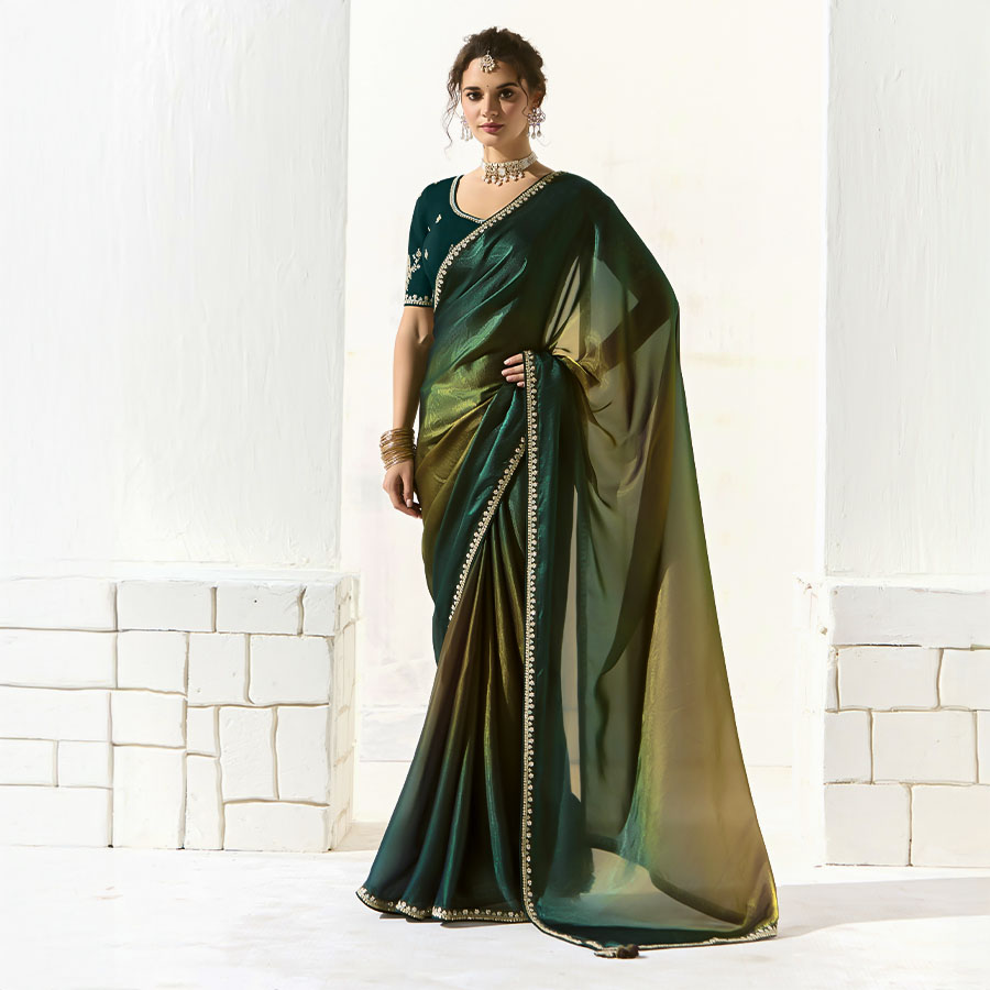 Green Organza Tissue Party Wear Saree