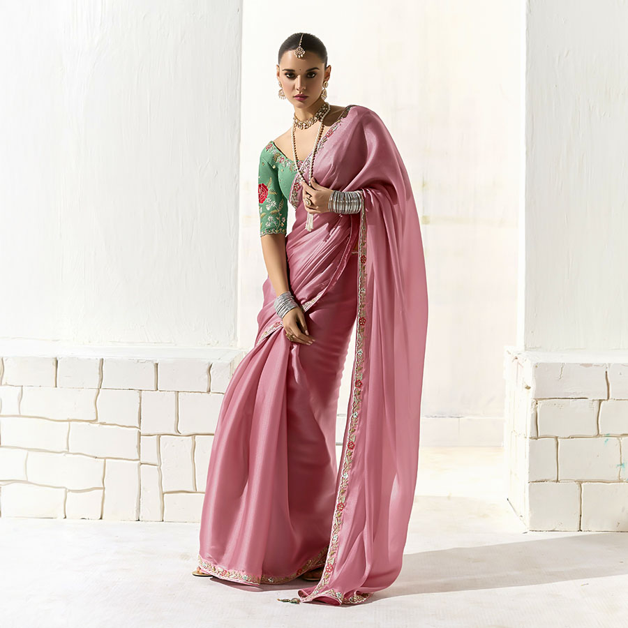 Pink  Organza Tissue Party Wear Saree
