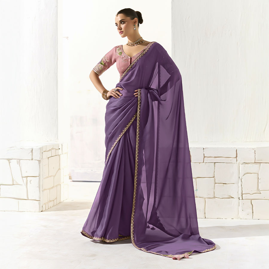 Purple  Organza Tissue Party Wear Saree