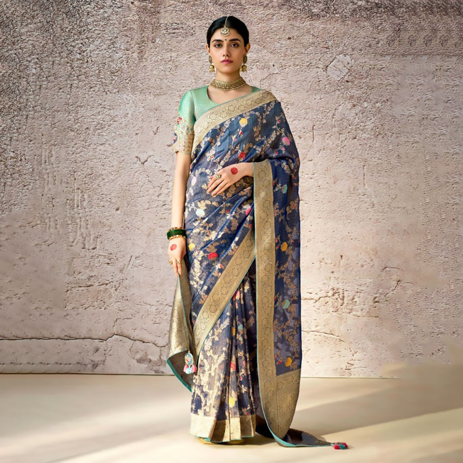 Blue Banarshi silk Partywear Saree