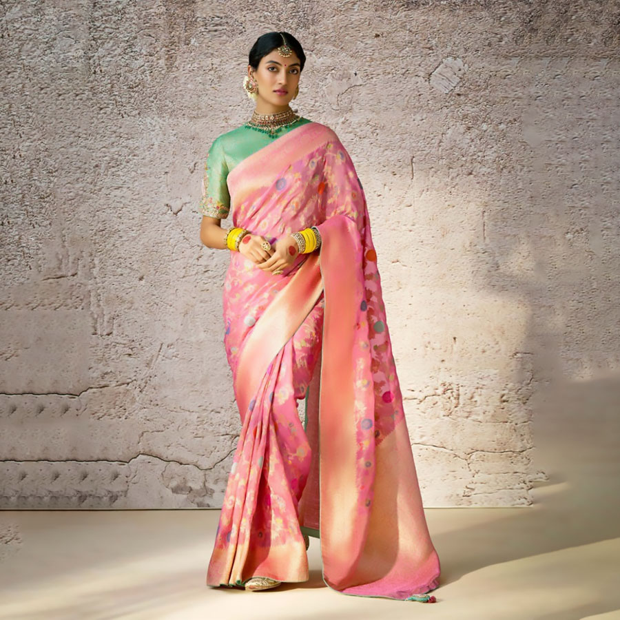 Pink Banarshi silk Partywear Saree