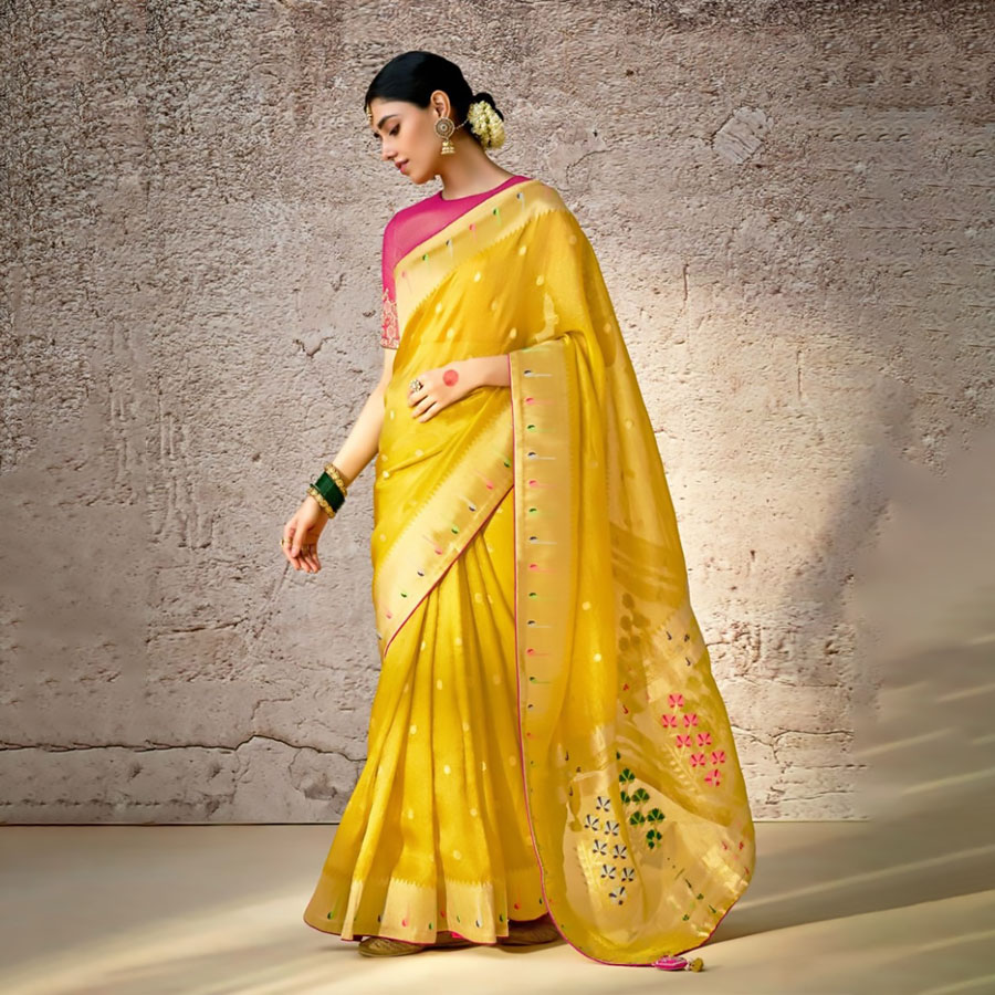 Yellow Banarshi silk Partywear Saree