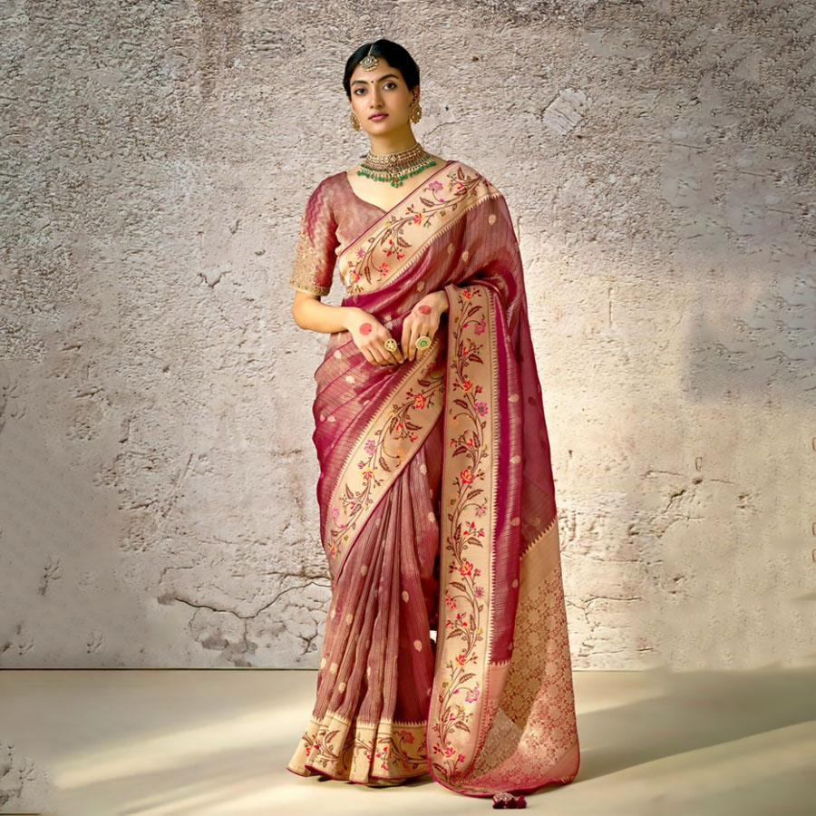 Wine Banarshi silk Partywear Saree