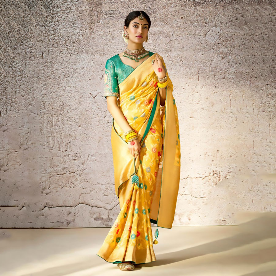 Yellow Banarshi silk Partywear Saree