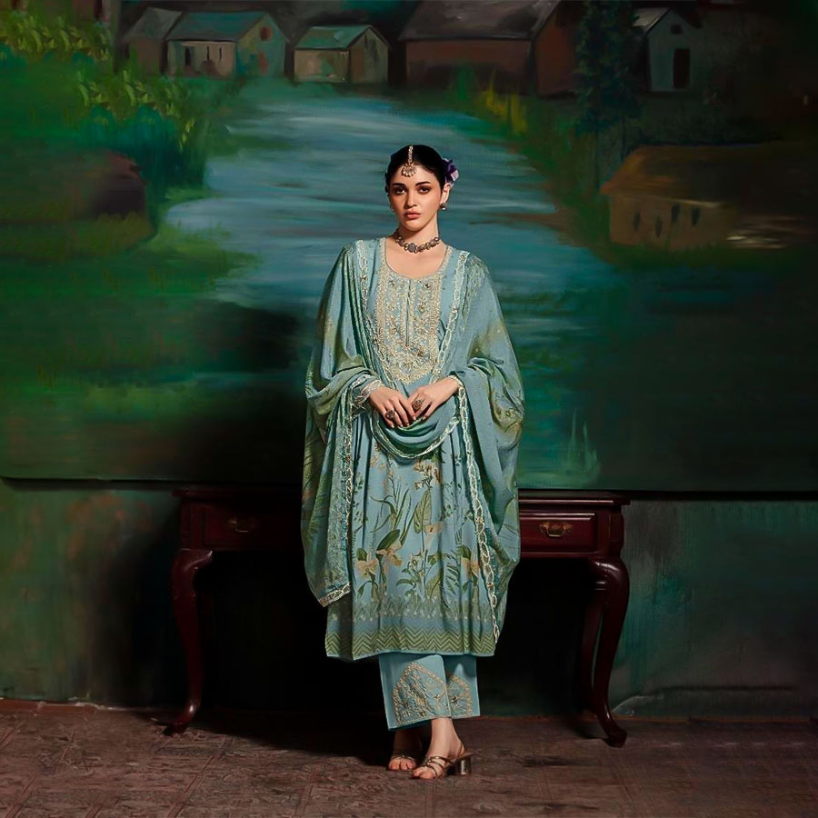 Cyan Muslin Party Wear Salwar Kameez