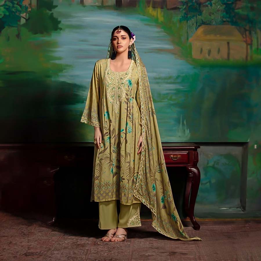 Green Muslin Party Wear Salwar Kameez