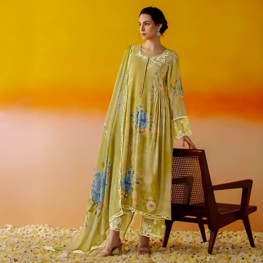 Yellow Muslin Party Wear Salwar Kameez