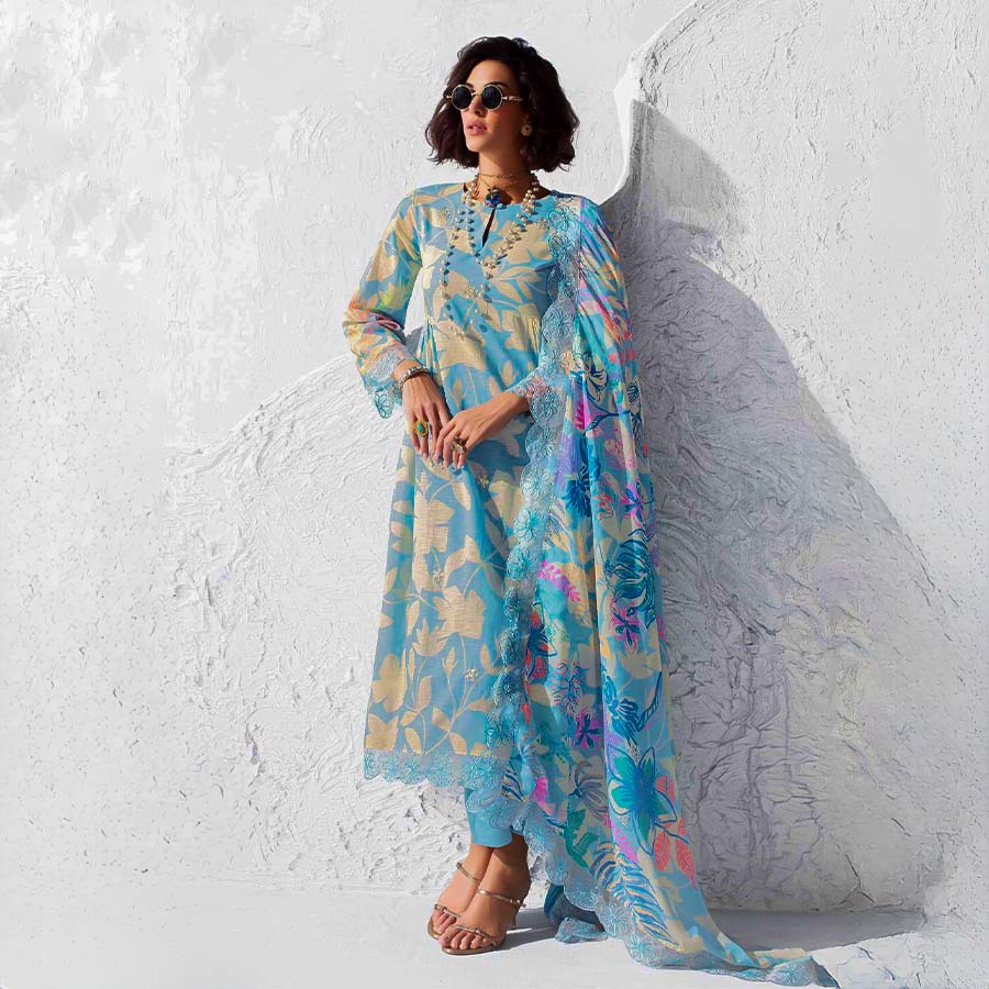Blue Linen Party Wear Salwar Kameez