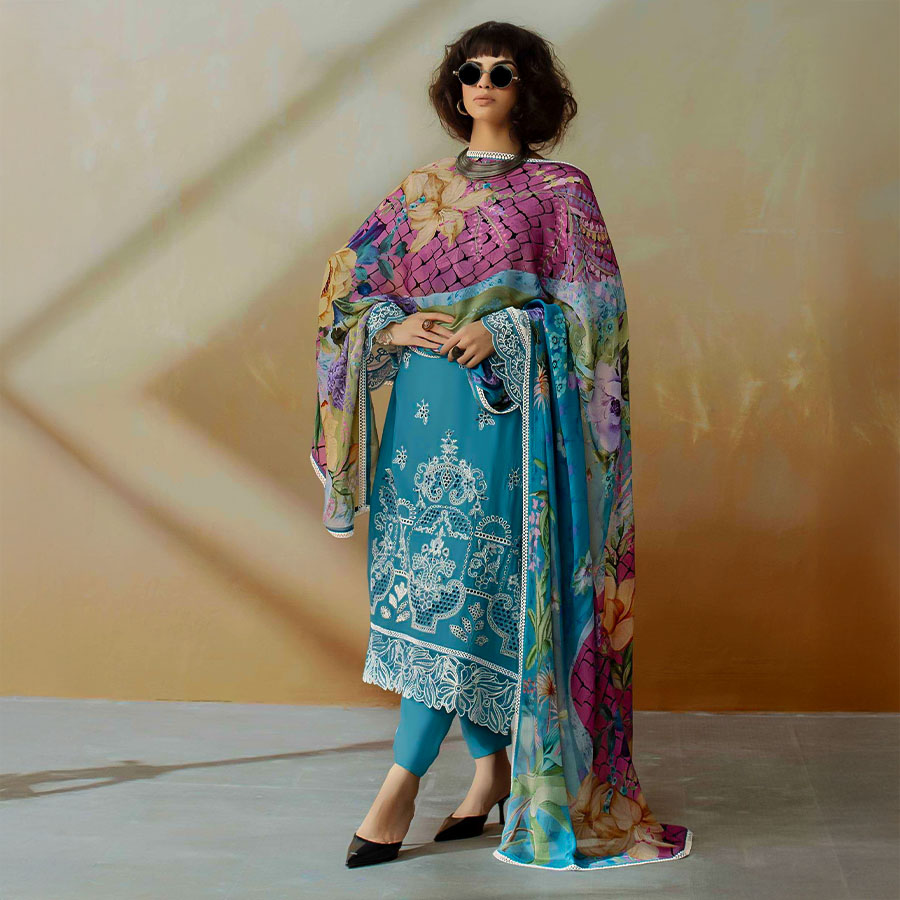 Blue Muslin Party Wear Salwar Kameez