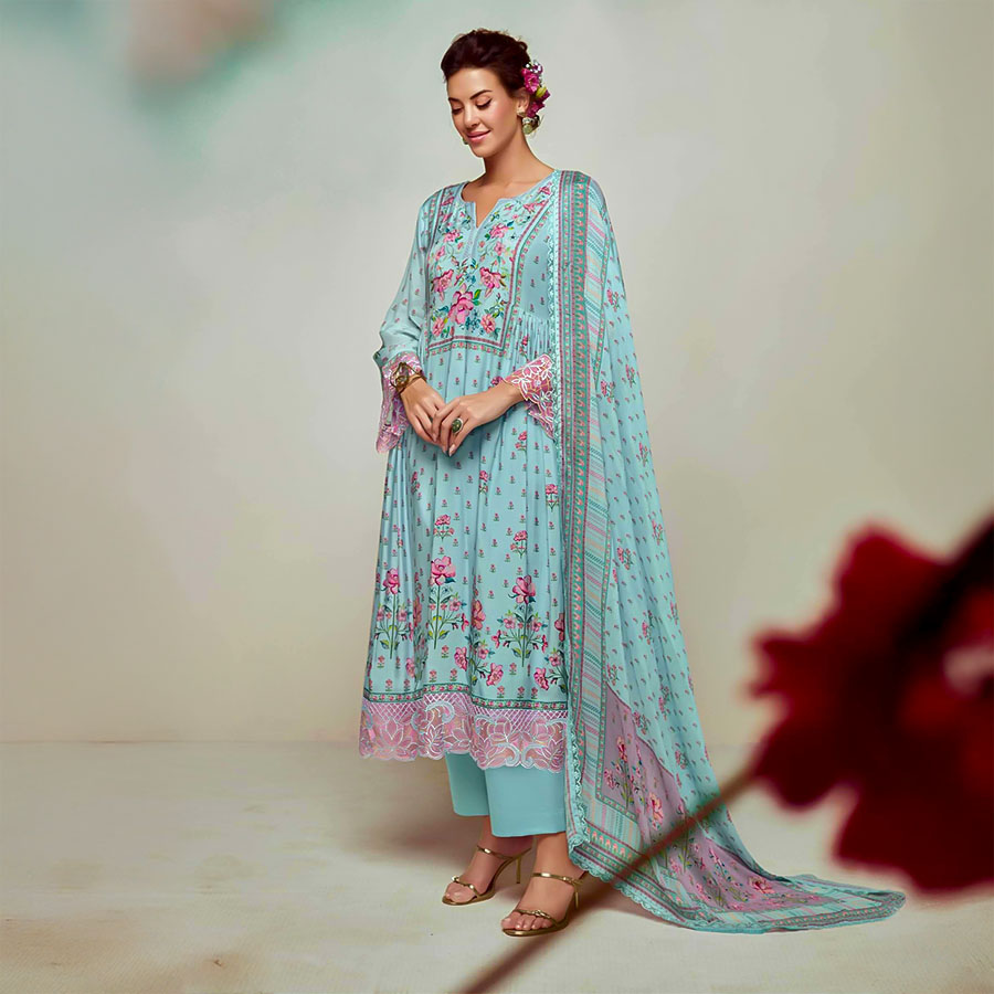 Blue Muslin Party Wear Salwar Kameez