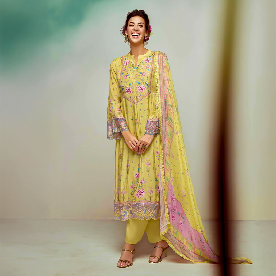 Yellow Muslin Party Wear Salwar Kameez