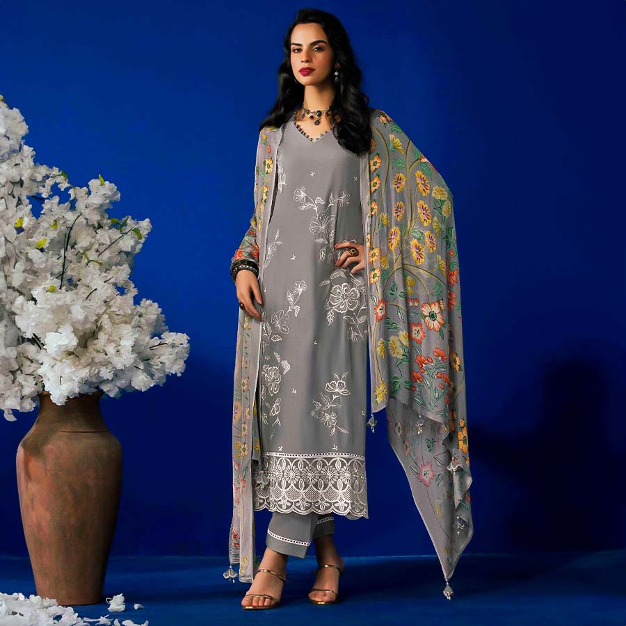 Grey Muslin Party Wear Salwar Kameez