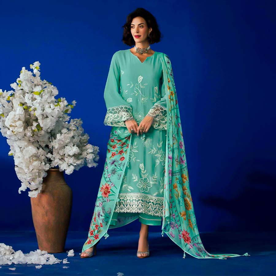 Cyan Muslin Party Wear Salwar Kameez