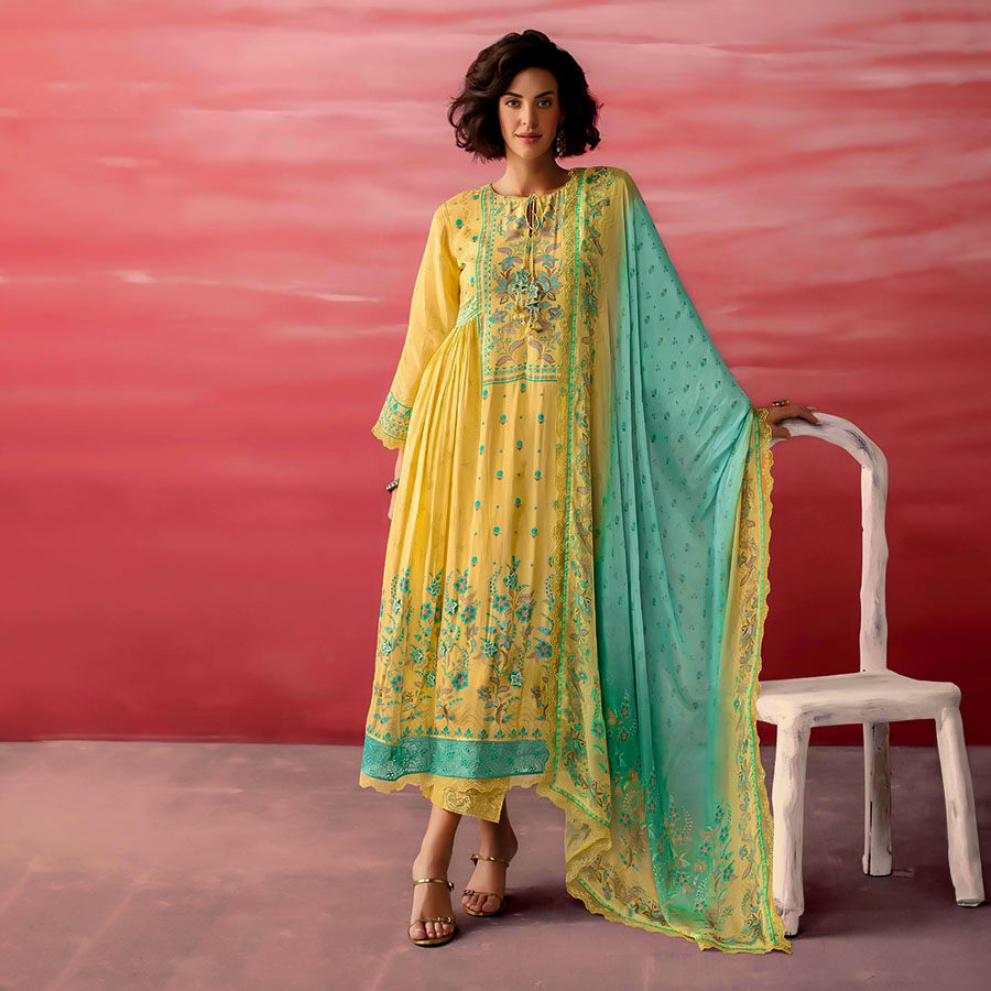 Yellow  Muslin Party Wear Salwar Kameez