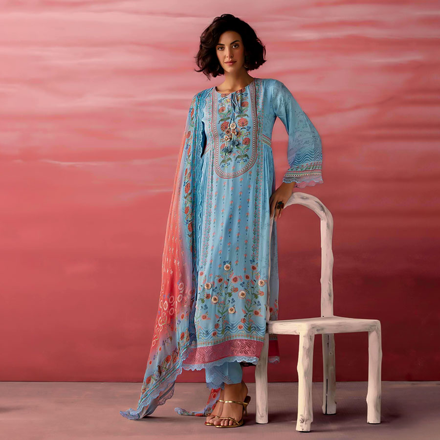 Blue Muslin Party Wear Salwar Kameez