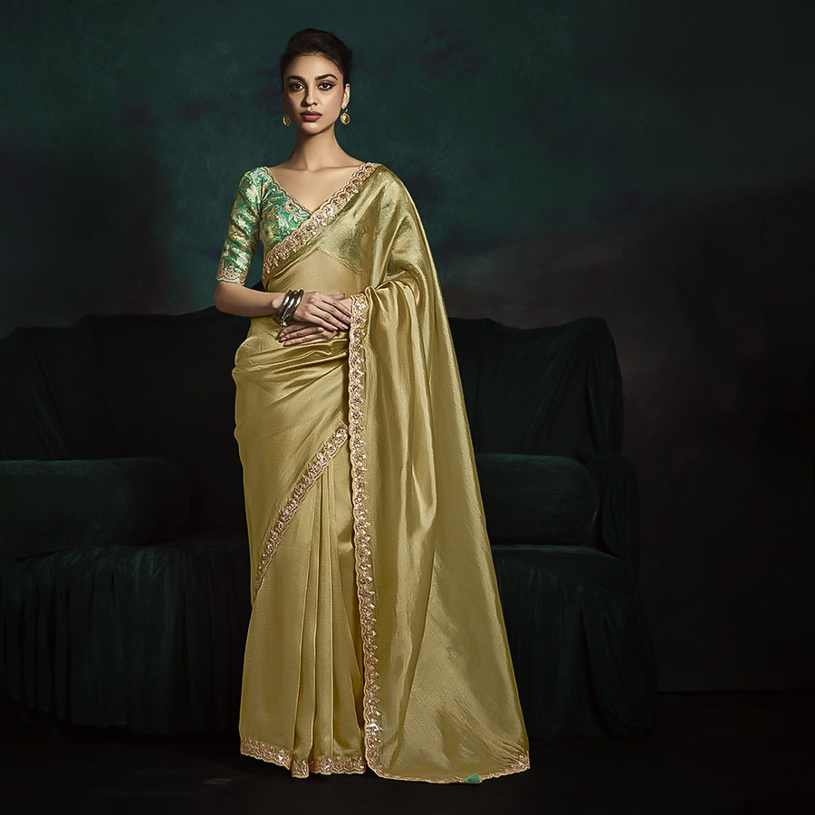 Golden  Satin Silk Designer Saree