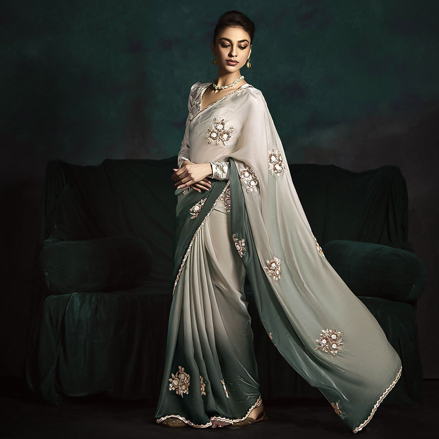 Grey Satin Silk Designer Saree