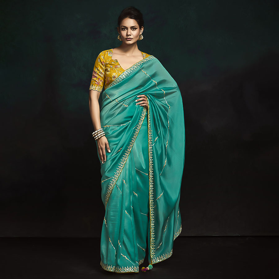 Blue Satin Silk Party Wear Saree