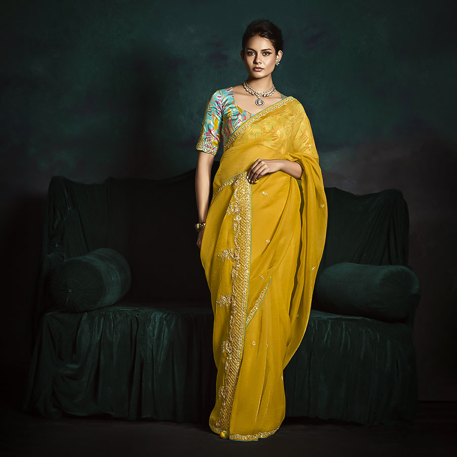 Yellow Satin Silk Party Wear Saree