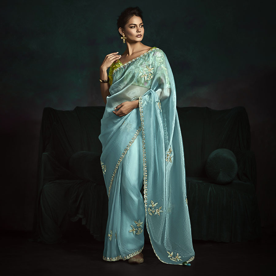 Sky Blue Satin Silk Party Wear Saree