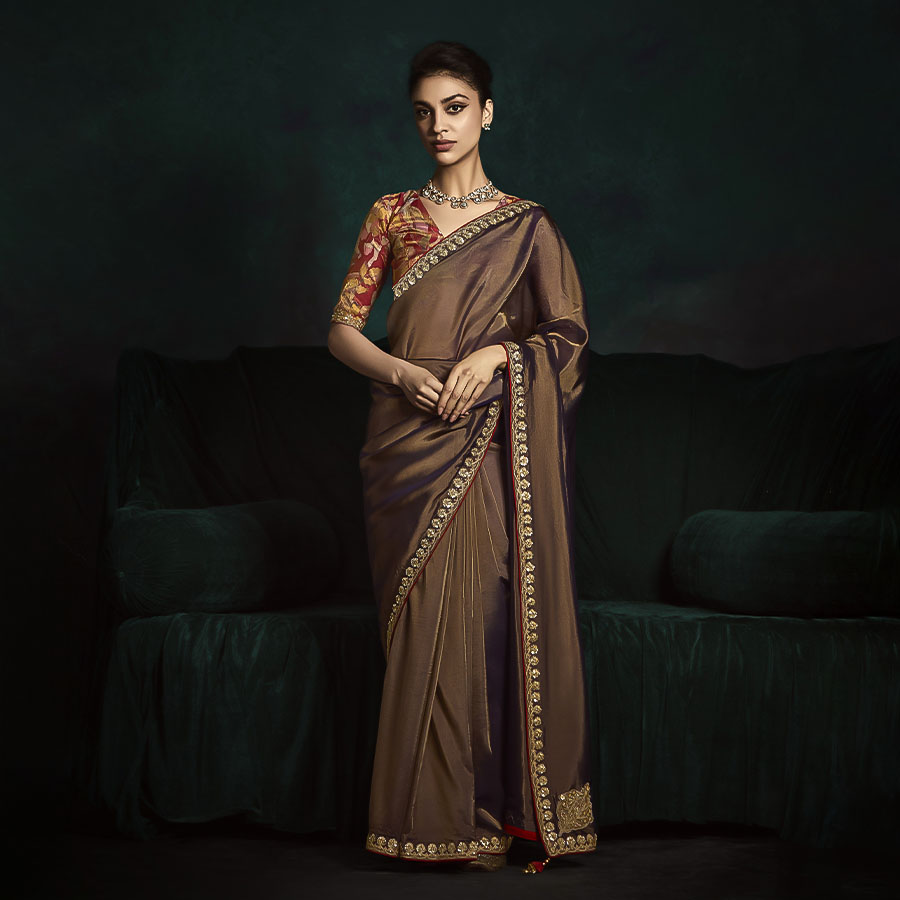 Brown Satin Silk Party Wear Saree