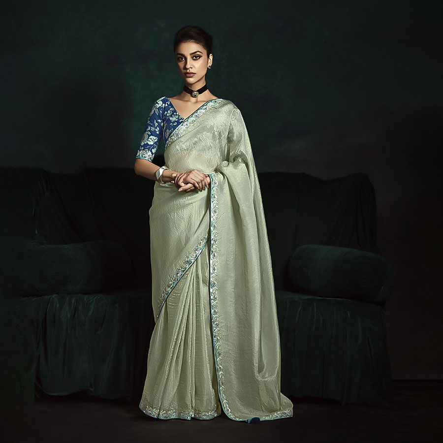 Silver Satin Silk Party Wear Saree