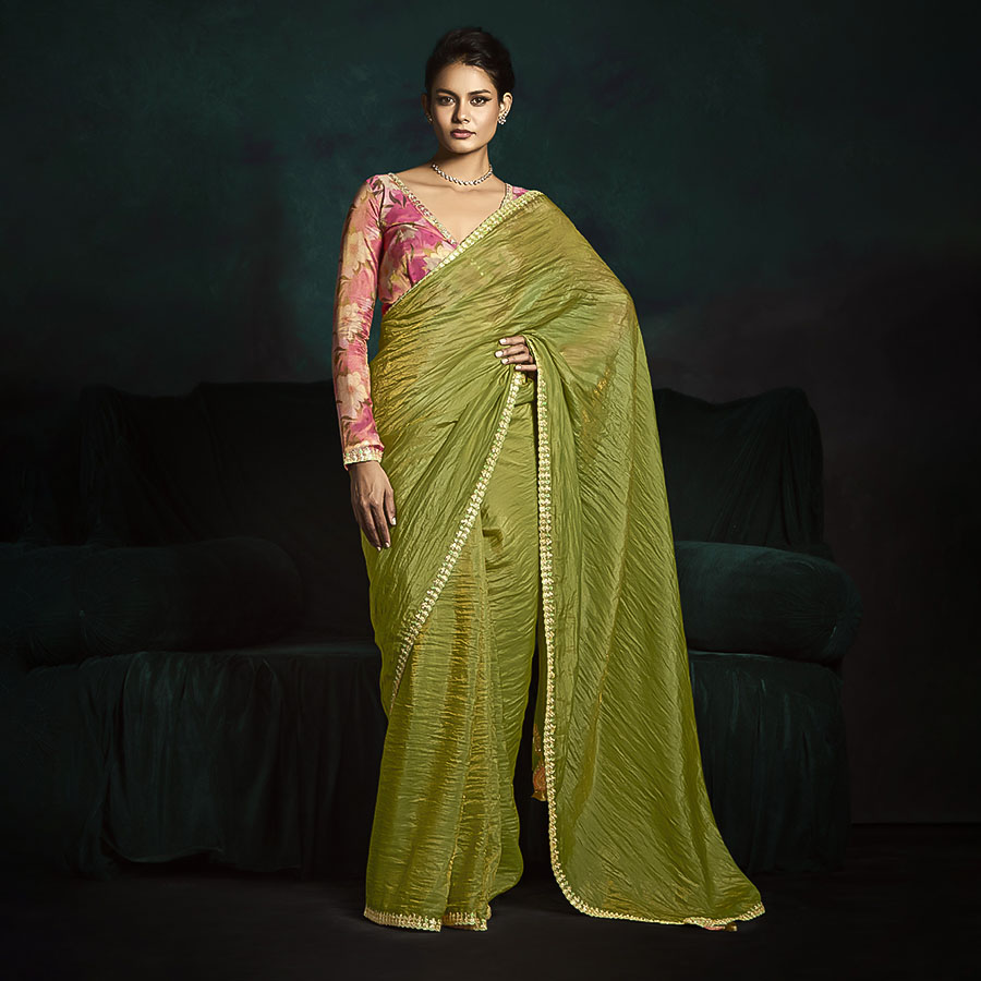 Green Satin Silk Party Wear Saree