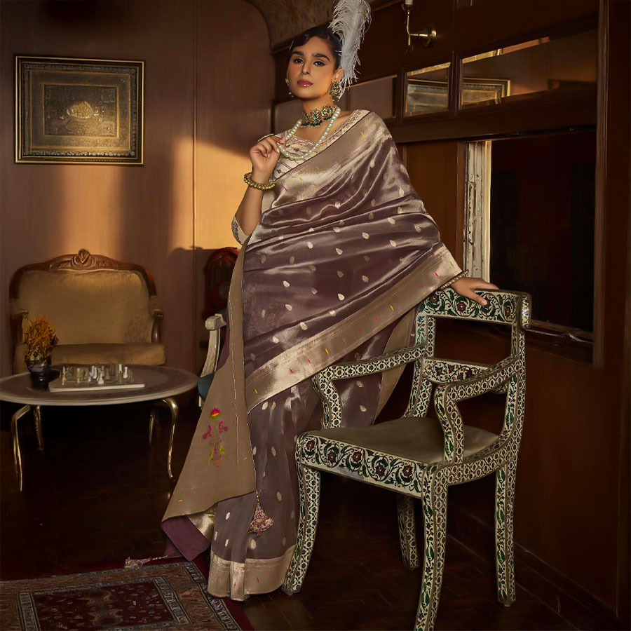 Grey Tissue Designer Saree