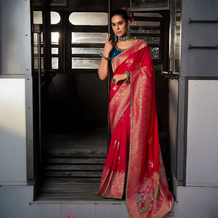 Red  Viscose Silk Designer Saree
