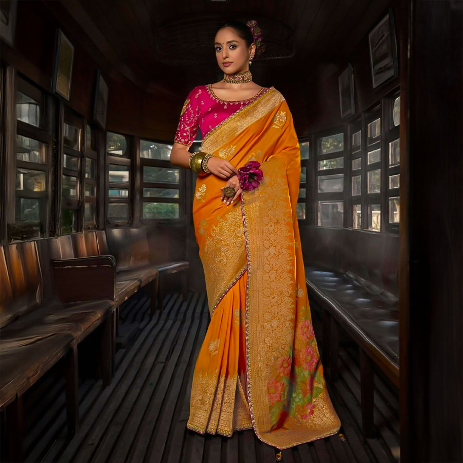 Orange Viscose Silk Designer Saree
