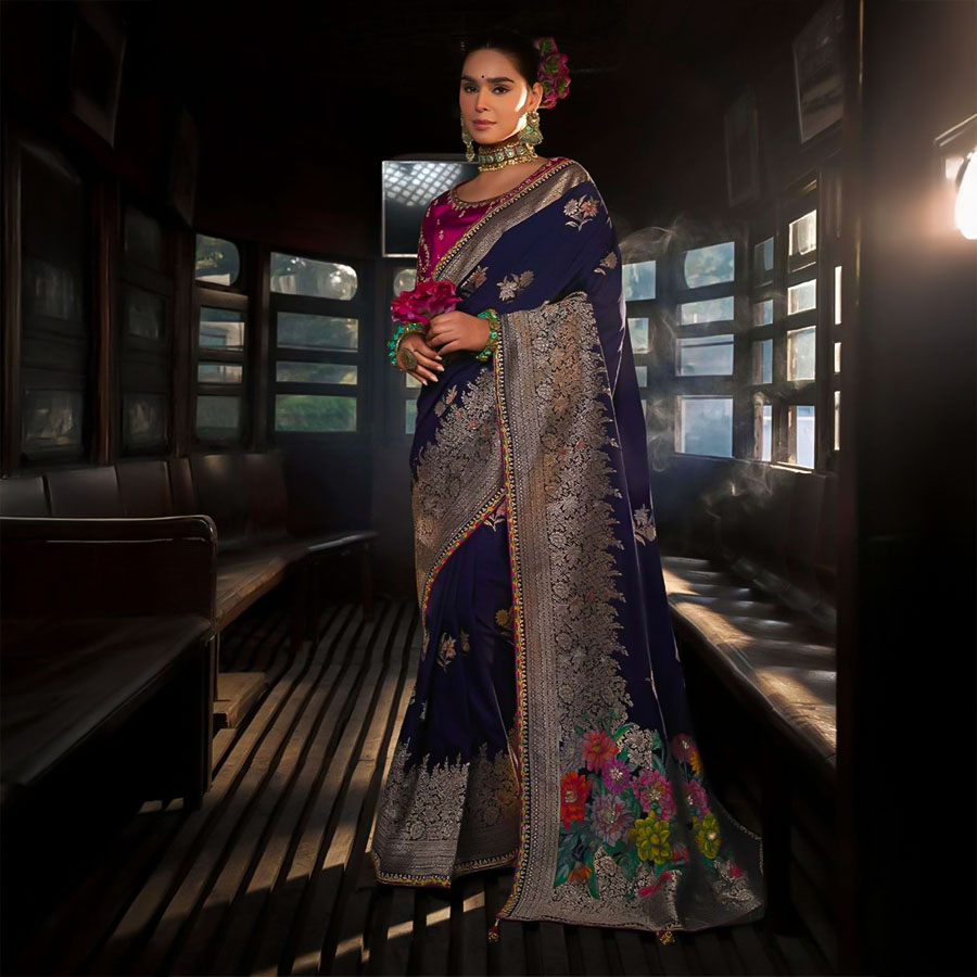 Blue Viscose Silk Designer Saree