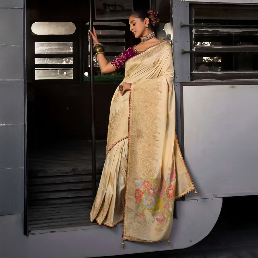 Yellow Viscose Silk Designer Saree