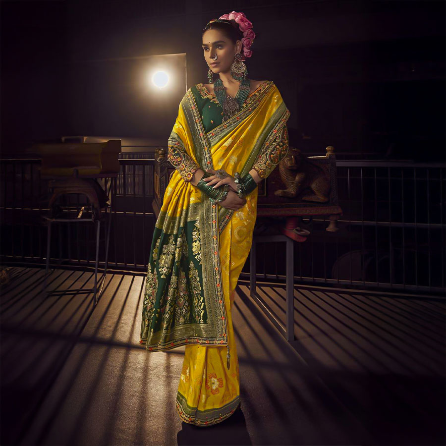 Yellow  Viscose Dola Silk  Designer Saree