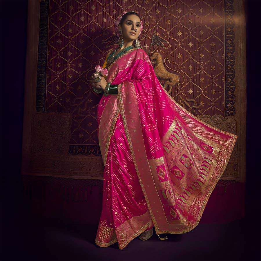 Magenta  Viscose Dola Silk  Designer Saree