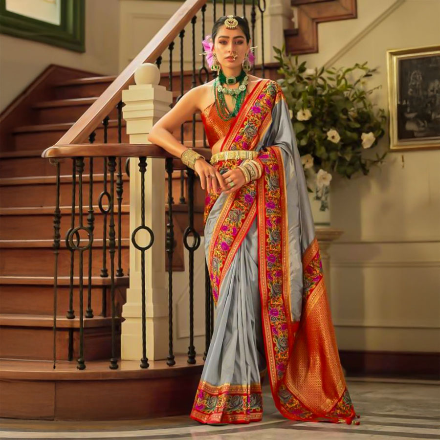 Grey Banarasi Silk Designer Saree