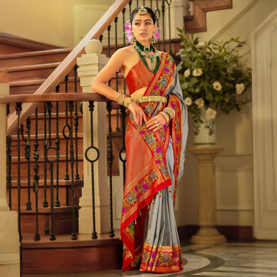 Grey Banarasi Silk Designer Saree