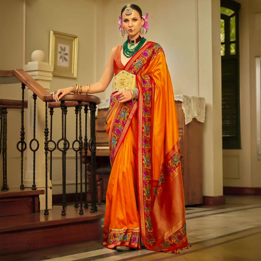 Orange Banarasi Silk Designer Saree