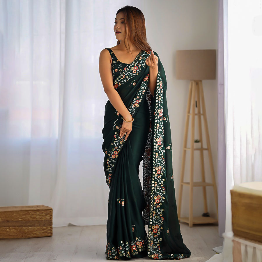 Green  Satin Chiffon Casual Wear Saree