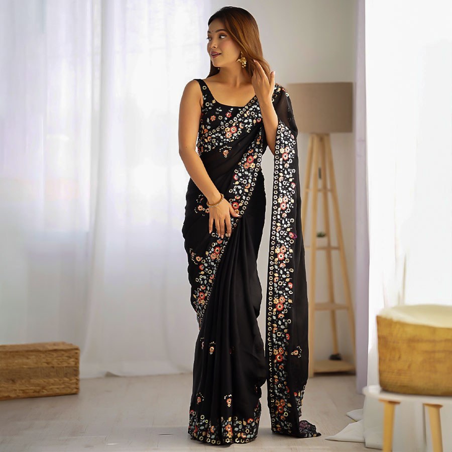 Black  Satin Chiffon Casual Wear Saree