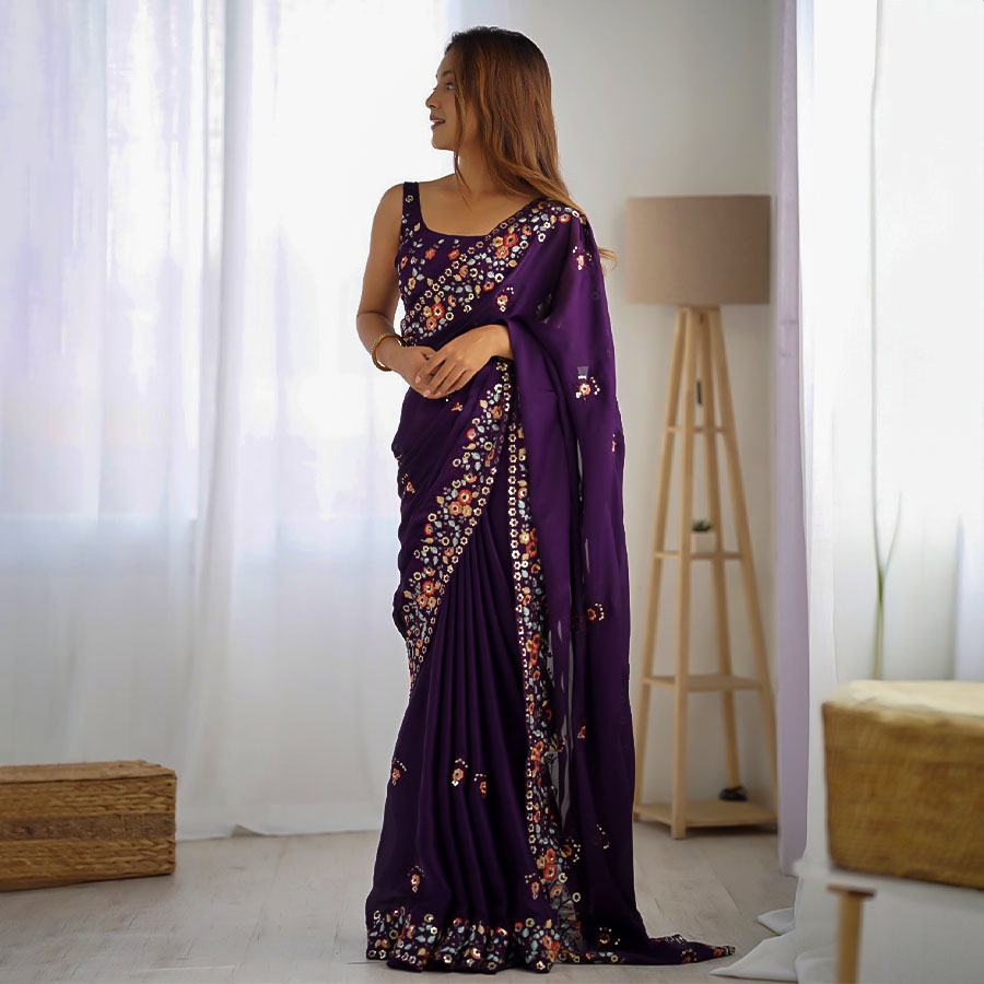 Purple Satin Chiffon Casual Wear Saree