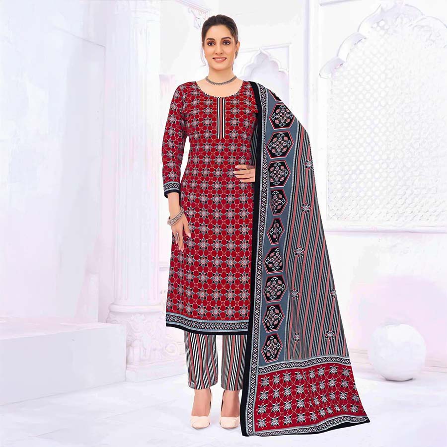 Red  Cotton Casual Wear Salwar Kameez
