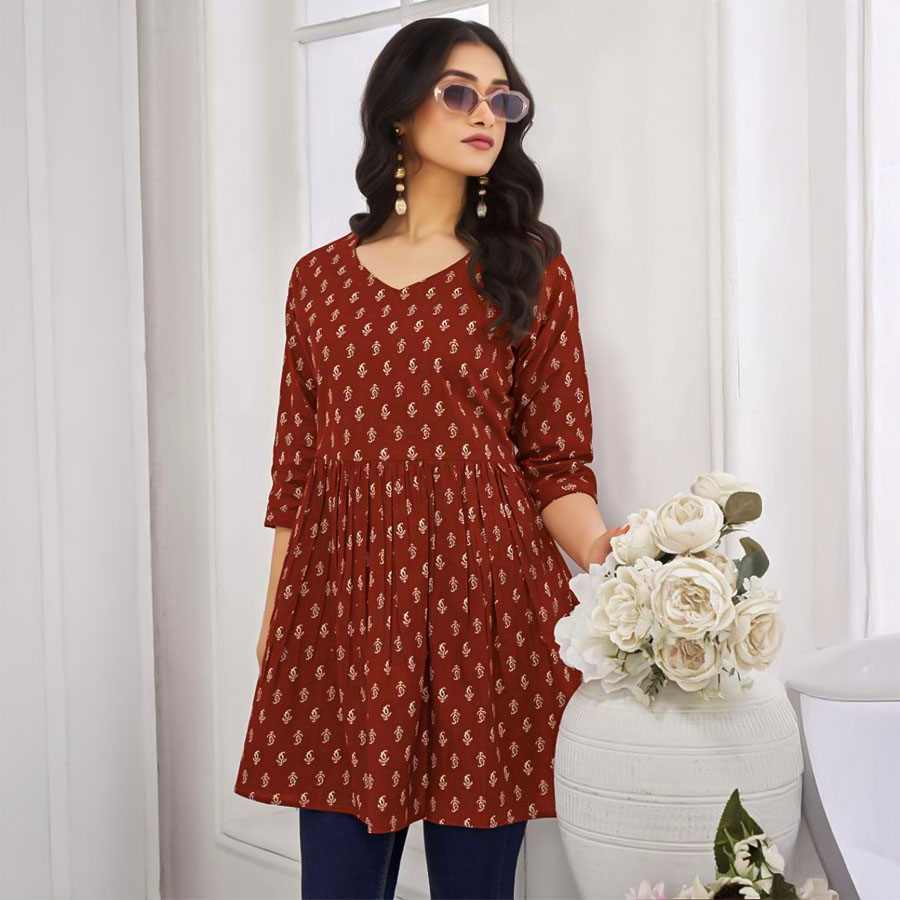 Brown  Cotton Printed Kurti